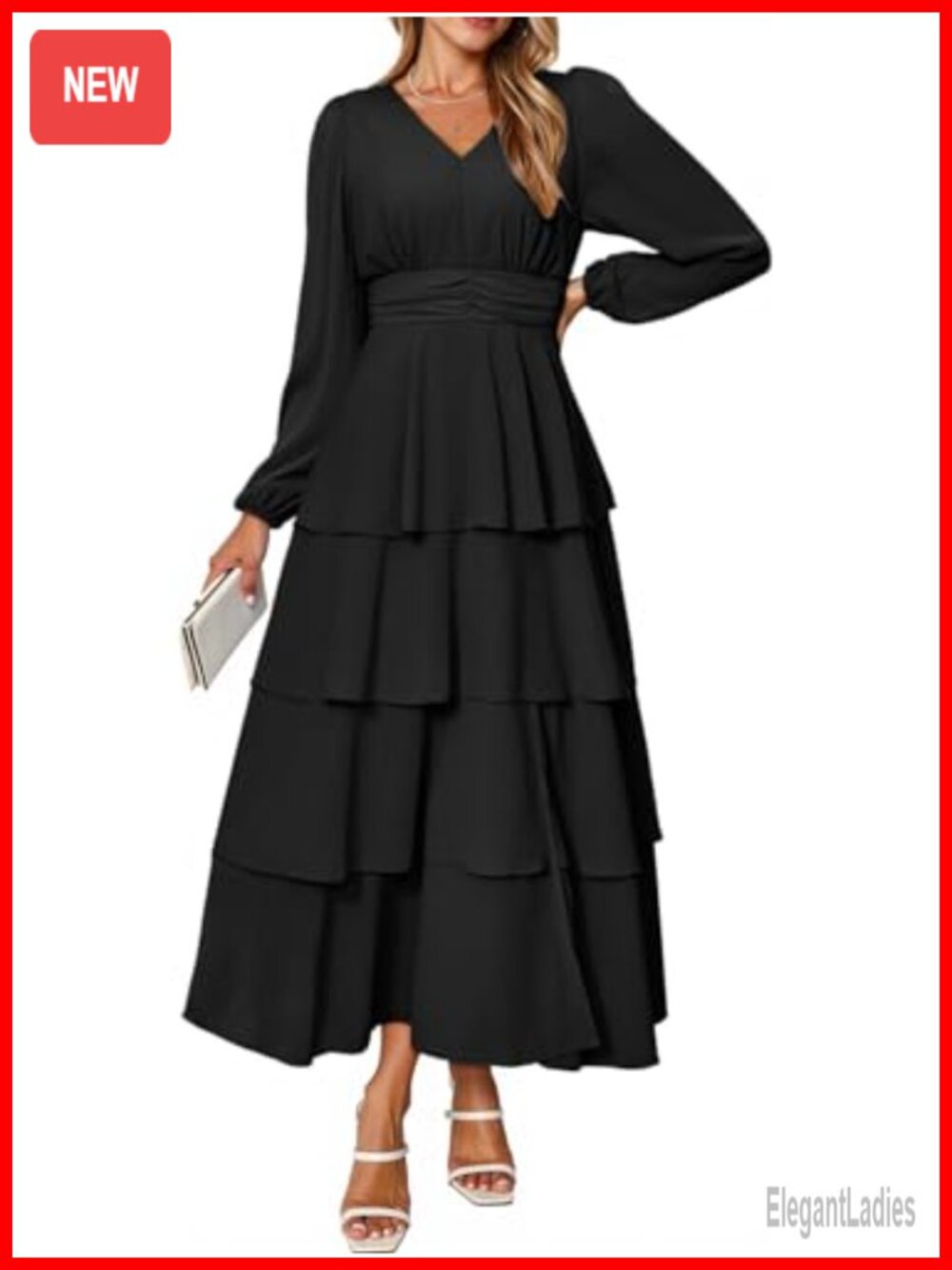 Flowy Chiffon Maxi Dress Long Sleeve Slit V Neck Ruffle Tiered Boho